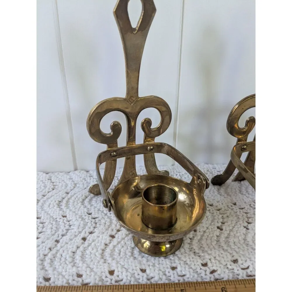 Pair of Vintage Solid Brass Swivel Wall Mount Candleholders - Gold